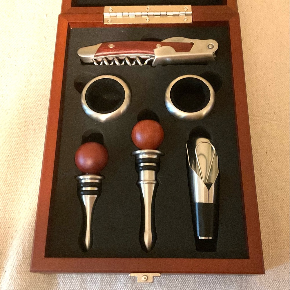 Brookstone Wine Accessory Set with Silver and Brown Accents